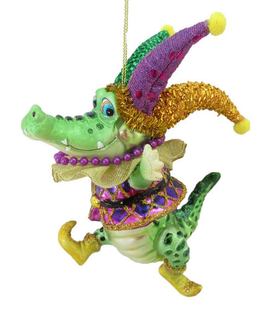 December Diamonds Glass Hanging Ornament Jester Alligator Running Mardi Gras Theme 79-81011 6 Inches