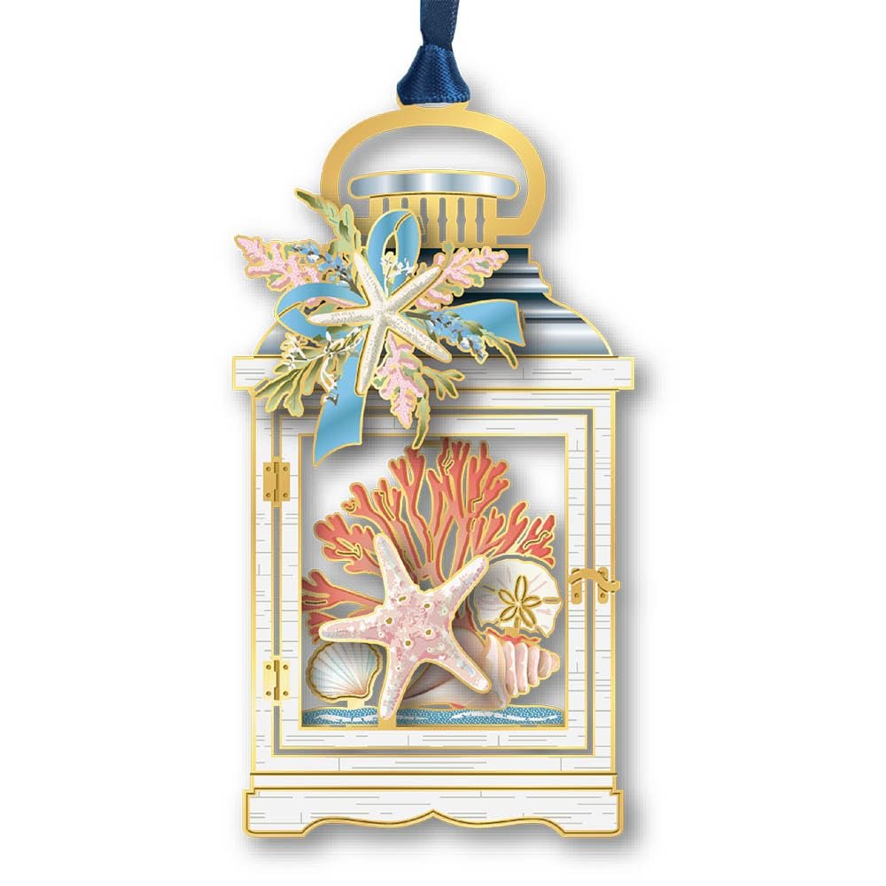 Beacon Design Coastal Lantern Ornament Plated in 24kt Gold and Decorated with Starfish Shell, Tree Decoration for Coastal Beach Summer Lover