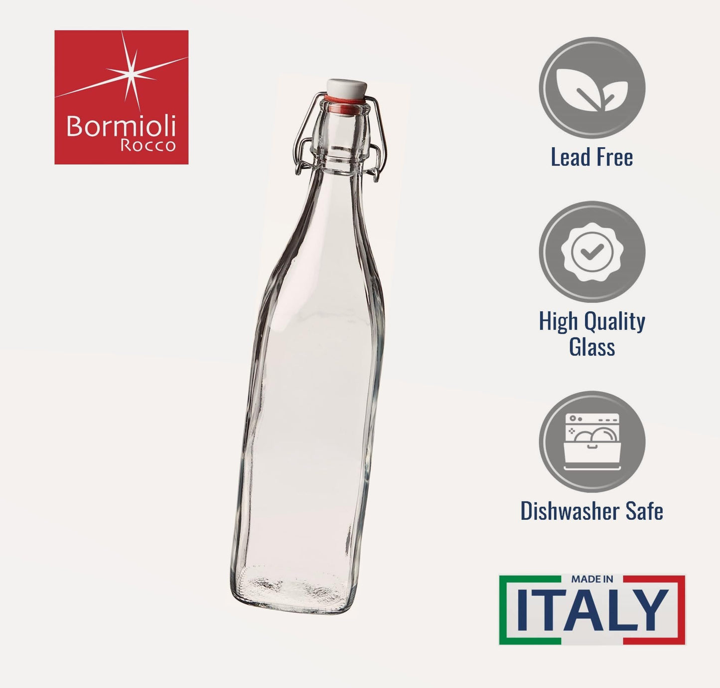 Bormioli Rocco Swing Top Glass Bottle (Set of 4) - Reusable Container with Secure Metal Clasp, Ideal for Homemade Juices, Oil Infusions, Condiments, Mixers - Everyday Drinking Glasses