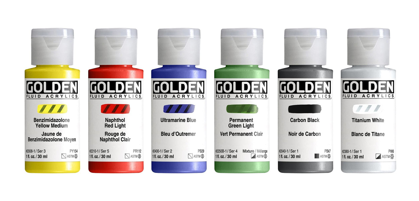 Fluid Acrylics by GOLDEN, Fluid Intro Set, 6 Color, 1 fl. oz. Bottles, Professional Acrylic Paint