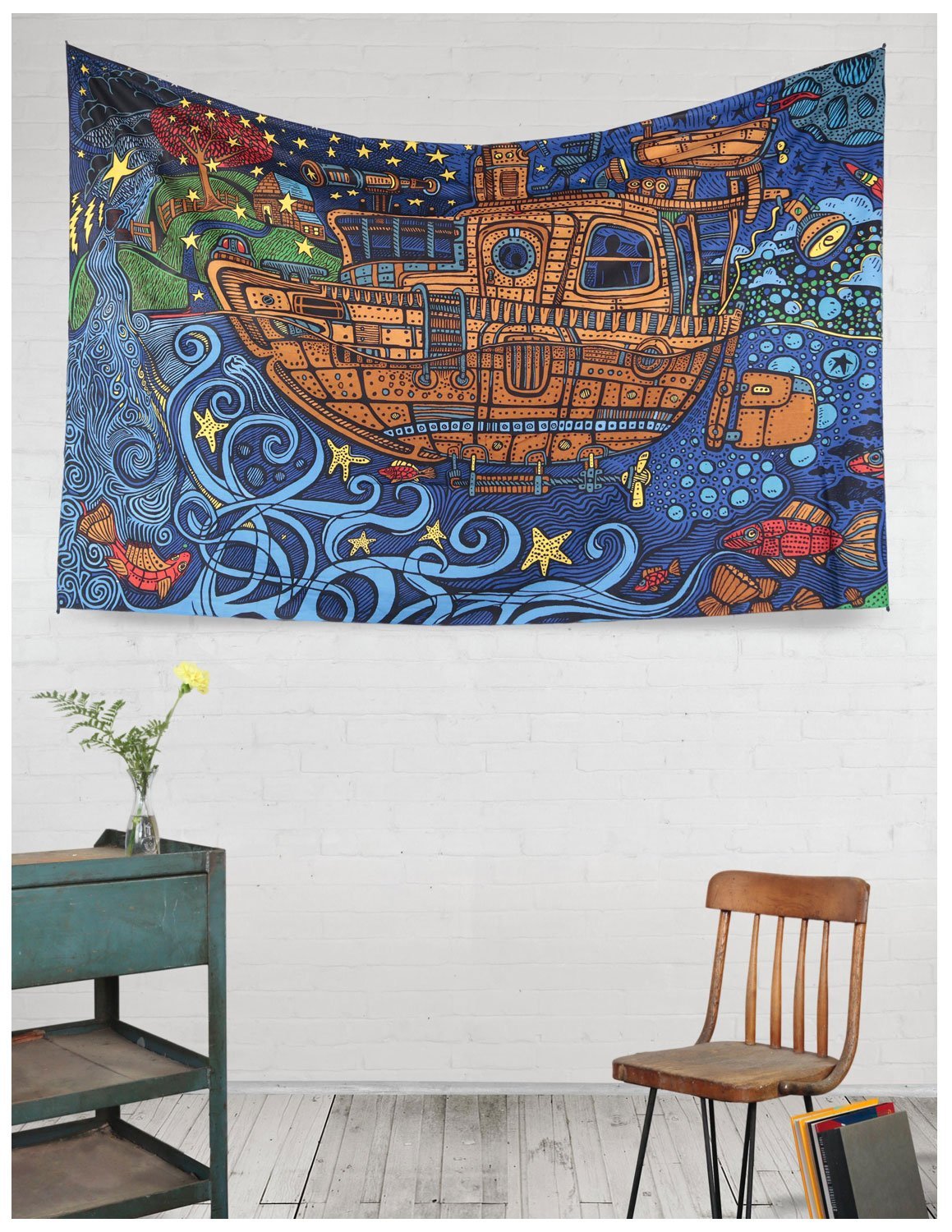 Sunshine Joy 3D Steampunk Tugboat Tapestry Wall Hanging Trippy Table Cloth Magical Dorm Decor - Huge 60x90 Inches