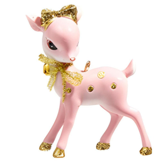 RAZ Imports Vintage Pink Deer Ornament with Head Turned, Pink and Gold, Hand-Painted Christmas Decoration
