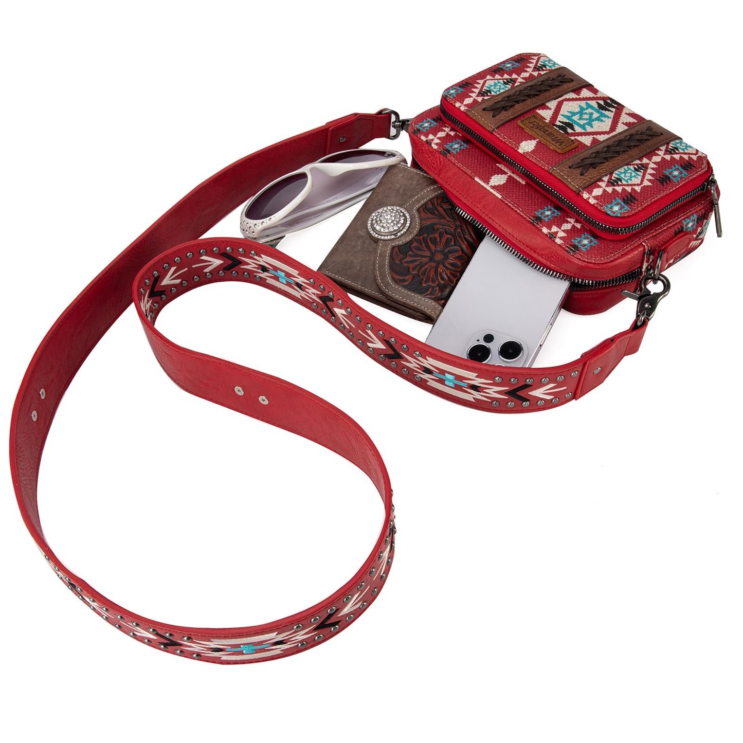 Wrangler Crossbody Bag for Women Boho Aztec Small Multi Pocket Crossover Purse