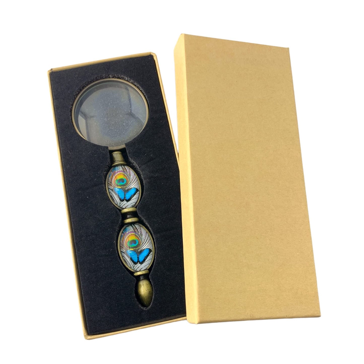 Value Arts Blue Butterfly and Peacock Feather Magnifying Glass, Brass and Glass, 6 Inches Long