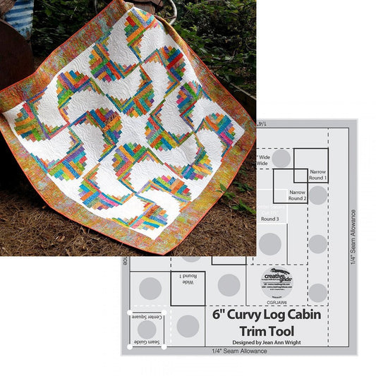 Bundle of Creative Grids Curvy Log Cabin Trim Tool 6in Finished Blocks and Cut Loose Press Rainbow Swirls Curvy Log Cabin Quilt Pattern