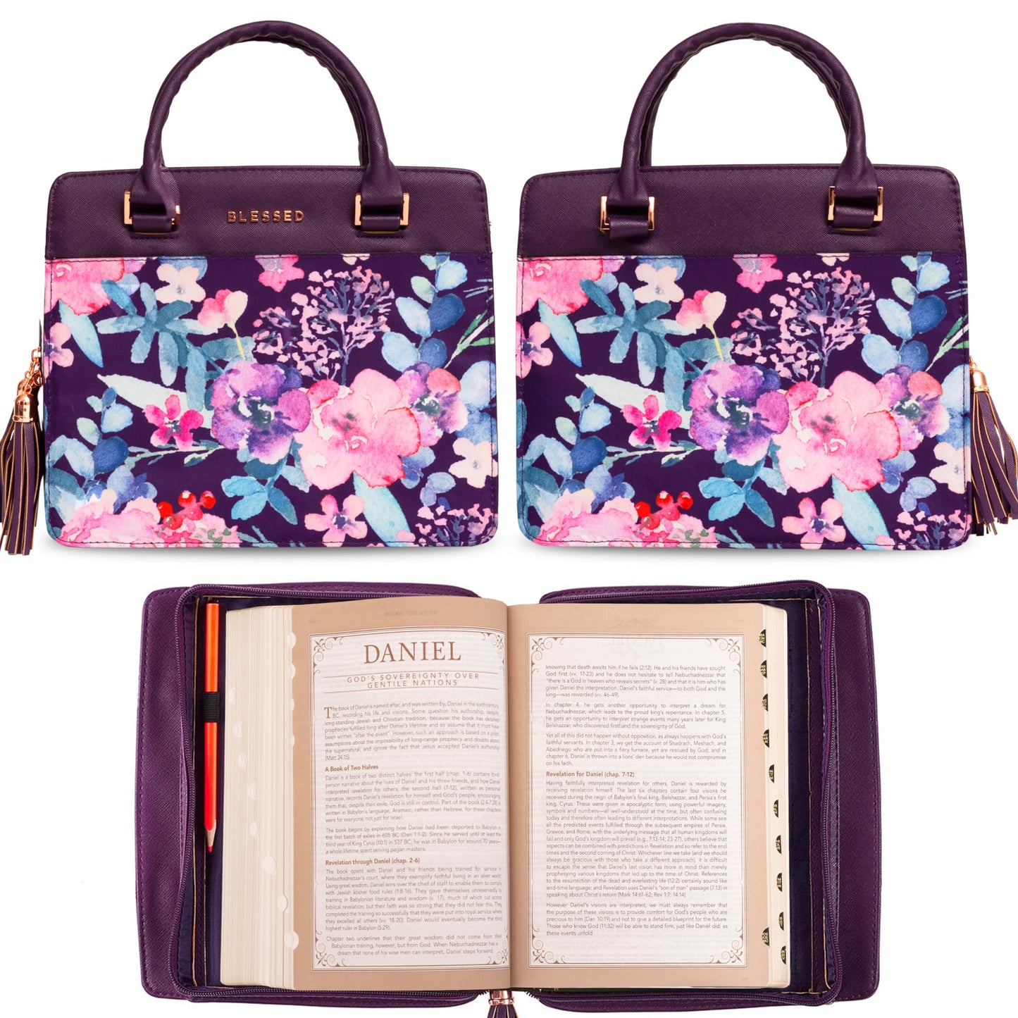 Christian Art Gifts Women's Fashion Bible Cover Purse Style Blessed, Purple/Pink Floral Faux Leather