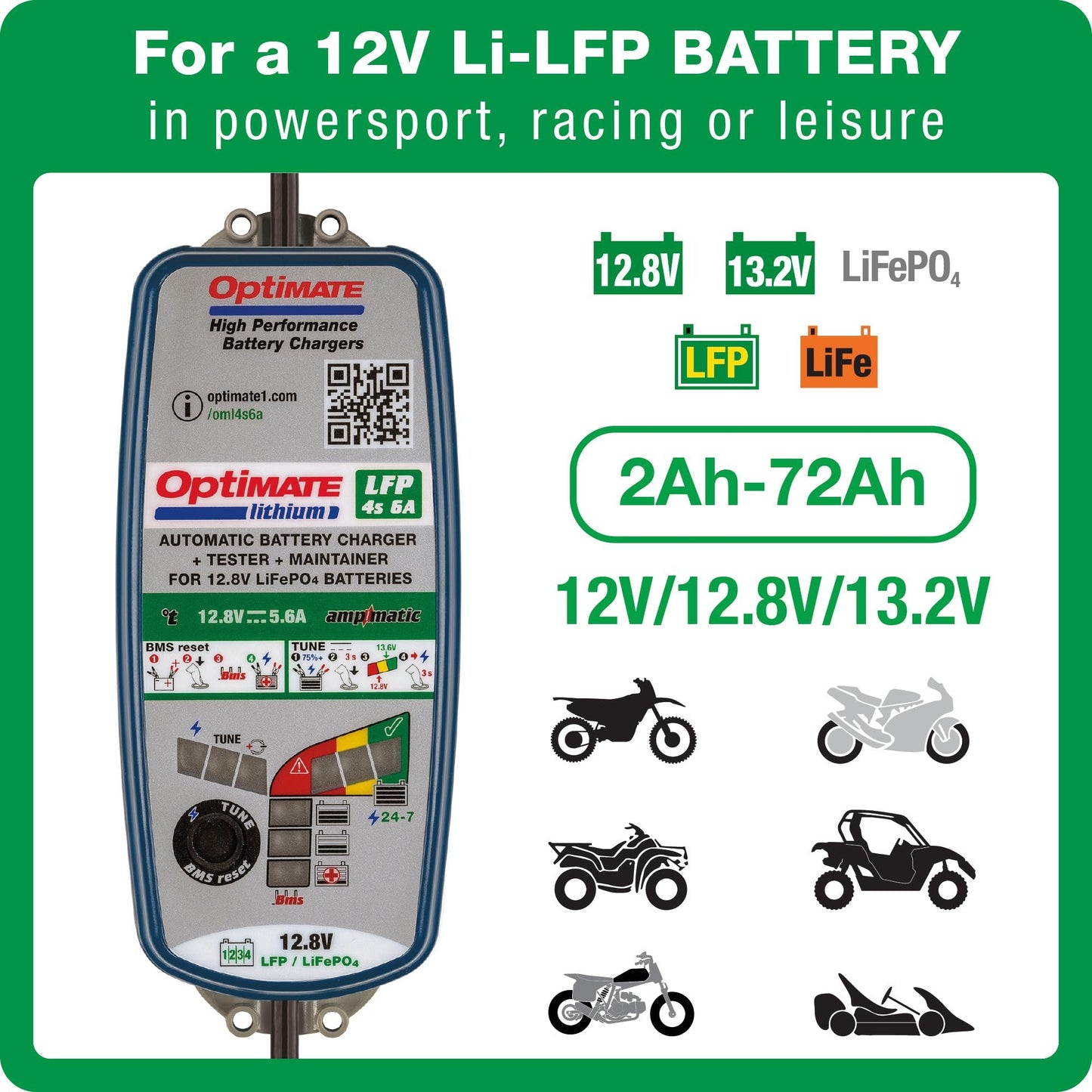 Tecmate OptiMate Lithium 4s 6A, TM391, 10-step 12.8V 6A Lithium Expert Battery Saving Charger & Maintainer, Blue/Green