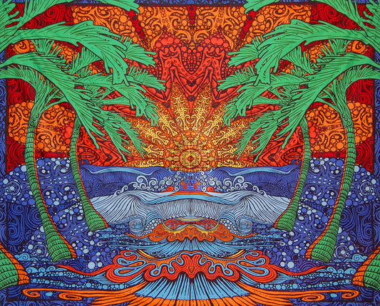 Sunshine Joy 3D Epic Tropical Paradise Surf Wave Palm Tree Tapestry Tablecloth Beach Sheet Wall Art Huge 85x100 Inches - Classic