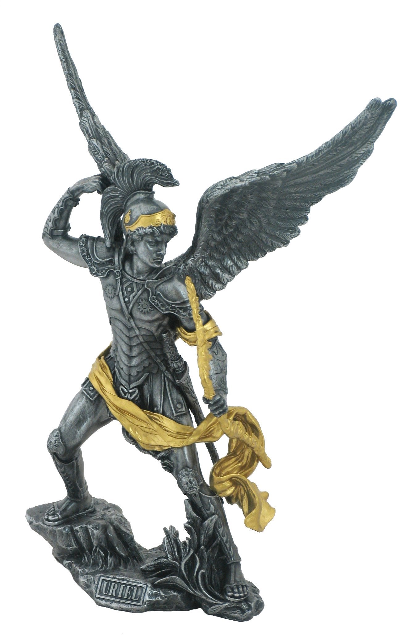 13.38 Inch Archangel Uriel Decorative Figurine, Pewter and Gold Color