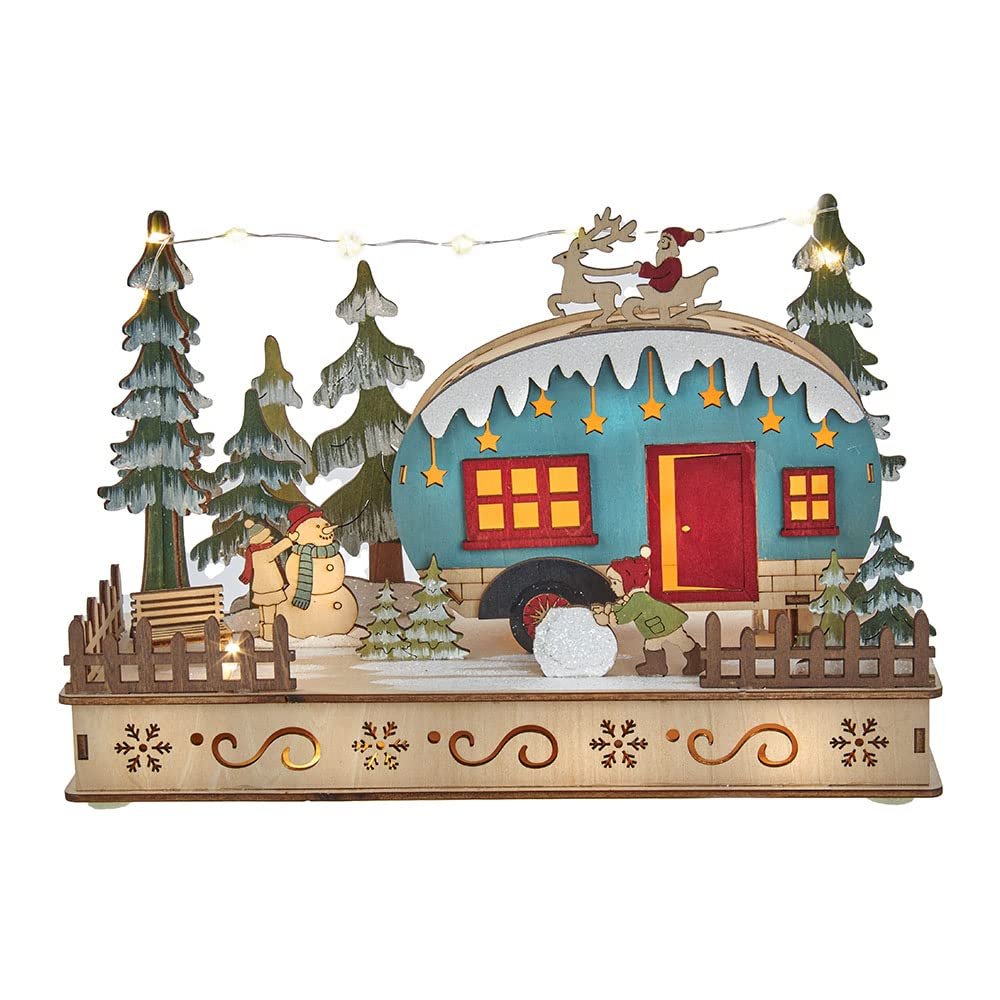 Kurt S. Adler Battery-Operated Wooden Light Up Camper with Santa Table Piece, 7.5-Inch, Multi-Color