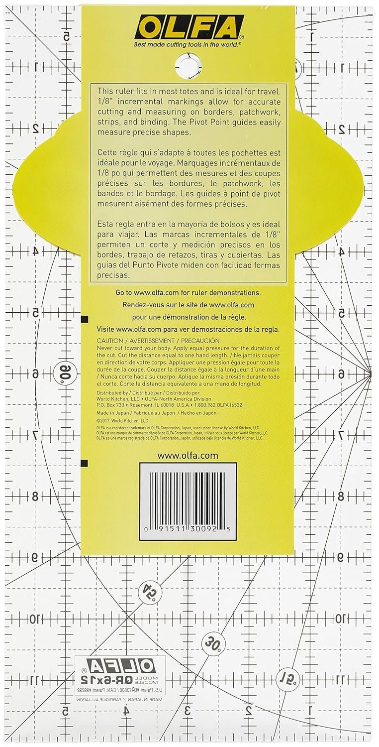 OLFA 6" x 12" Frosted Advantage Acrylic Ruler (QR-6x12) - Non Slip 6x12 Inch Acrylic Ruler with Grid & Angle Markings for Quilting, Sewing, Cutting Fabric, & Crafts