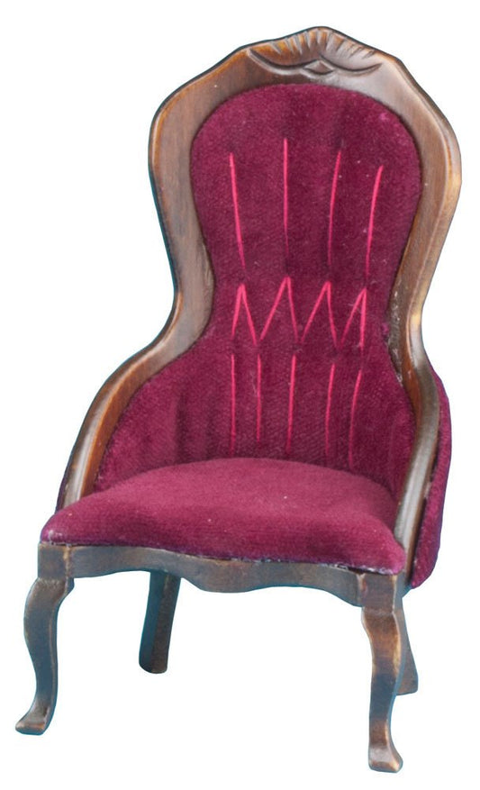 Dollhouse Miniature Victorian Lady's Chair, Walnut with Red Velour Fabric