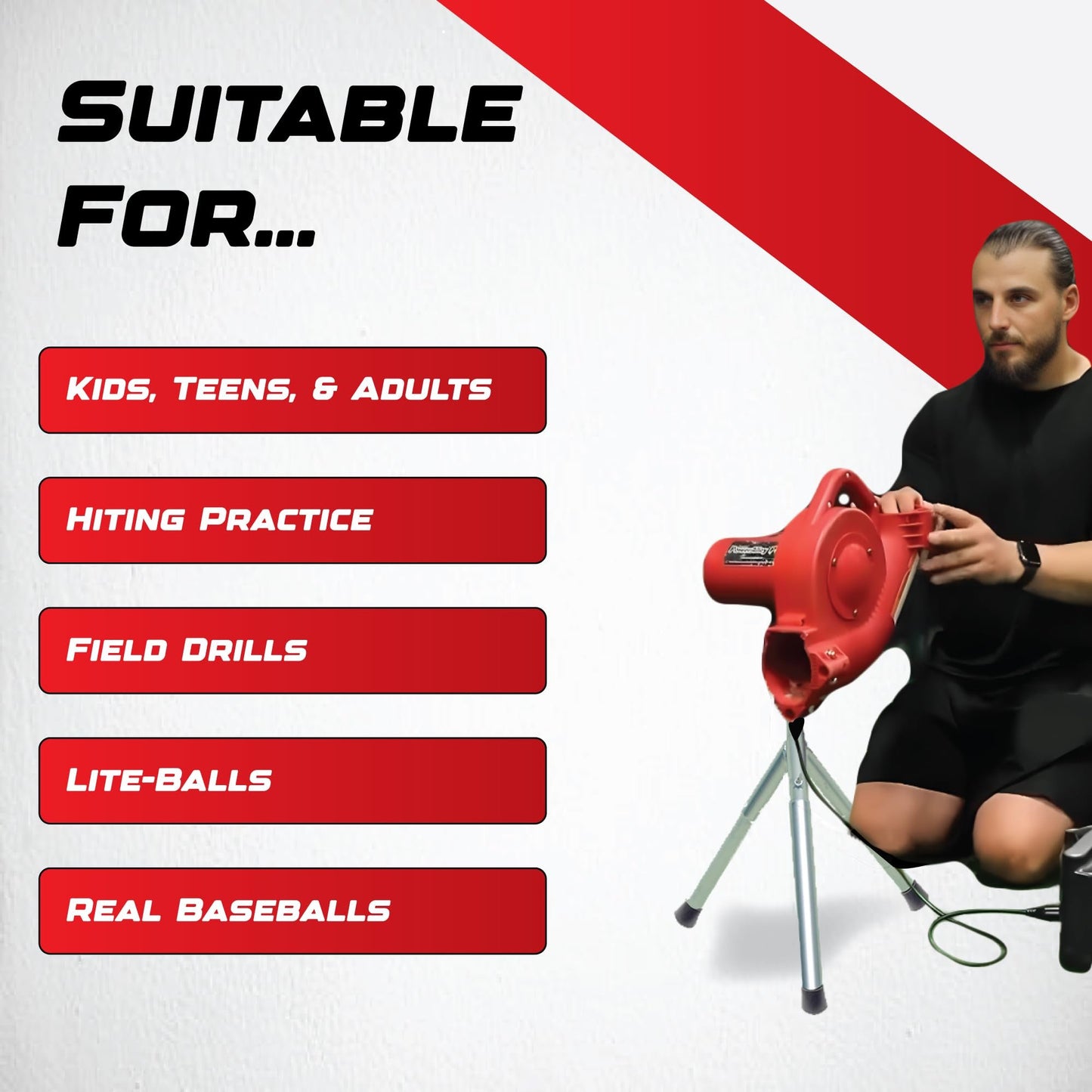 Heater Sports Junior Baseball Pitching Machine, Portable, and Adjustable with Variable Speed and Angle, Perfect for Kids' Batting Practice, Skill Development, and Backyard Training