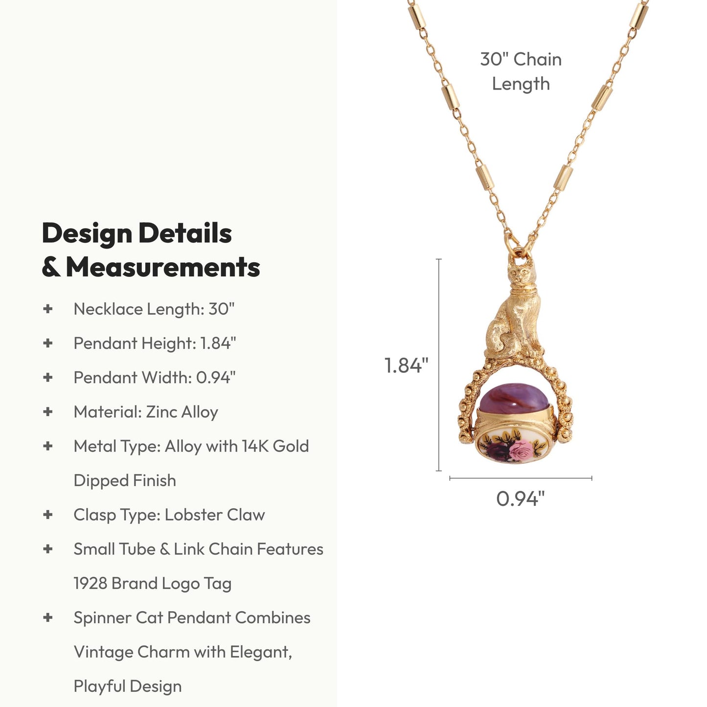 1928 Jewelry Manor House Pink & Purple Stone Spinner Cat Pendant Necklace 30", Romantic Roses Vintage Victorian Inspired Aesthetic, 14K Gold Dipped, Made in USA