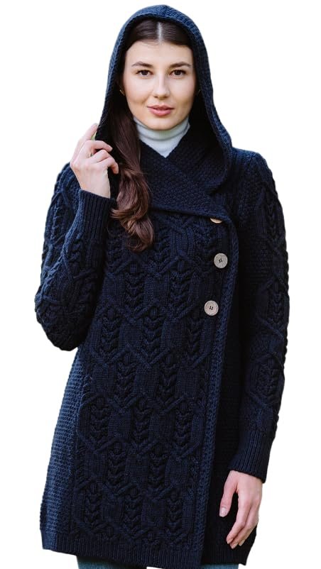 SAOL 100% Merino Wool Women Cardigan Butonned with Hood Aran Leaf Coat Made in Ireland