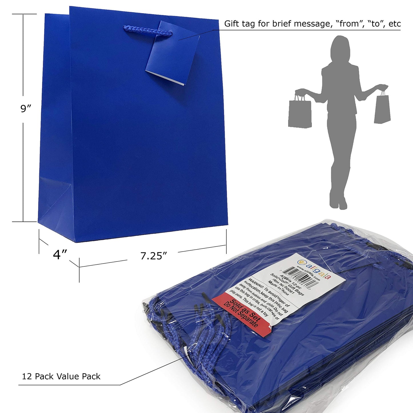 allgala 12PK Value Premium Solid Color Paper Gift Bags