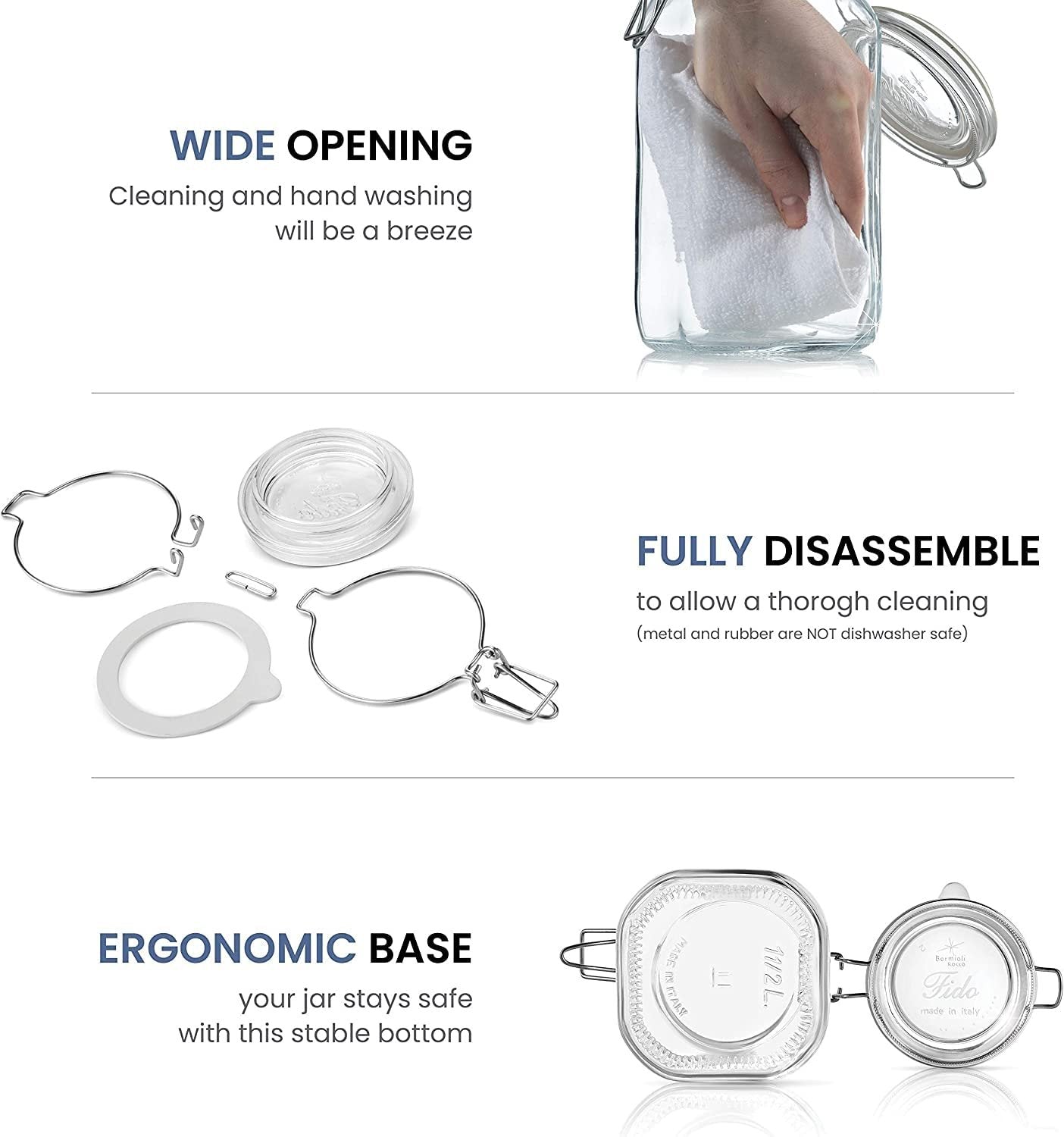Bormioli Rocco Fido Collection, 2 Pack, 67.75 Oz. Food Storage Glass Jars, Airtight Rubber Seal & Glass Lid, With Stainless Wire Clamp,Made In Italy.