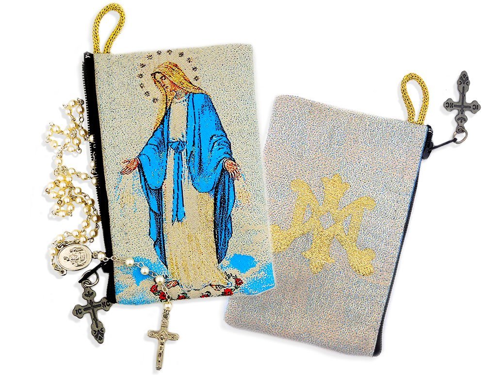 Alexandra Int'l Catholic Our Lady of Grace Icon Symbol of The Blessed Virgin Mary Tapestry Cloth Rosary Pouch Case 4 1/2 Inch