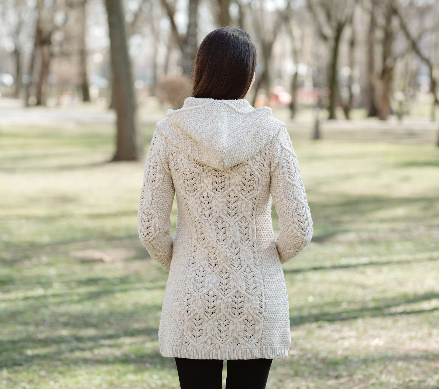 SAOL 100% Merino Wool Women Cardigan Butonned with Hood Aran Leaf Coat Made in Ireland