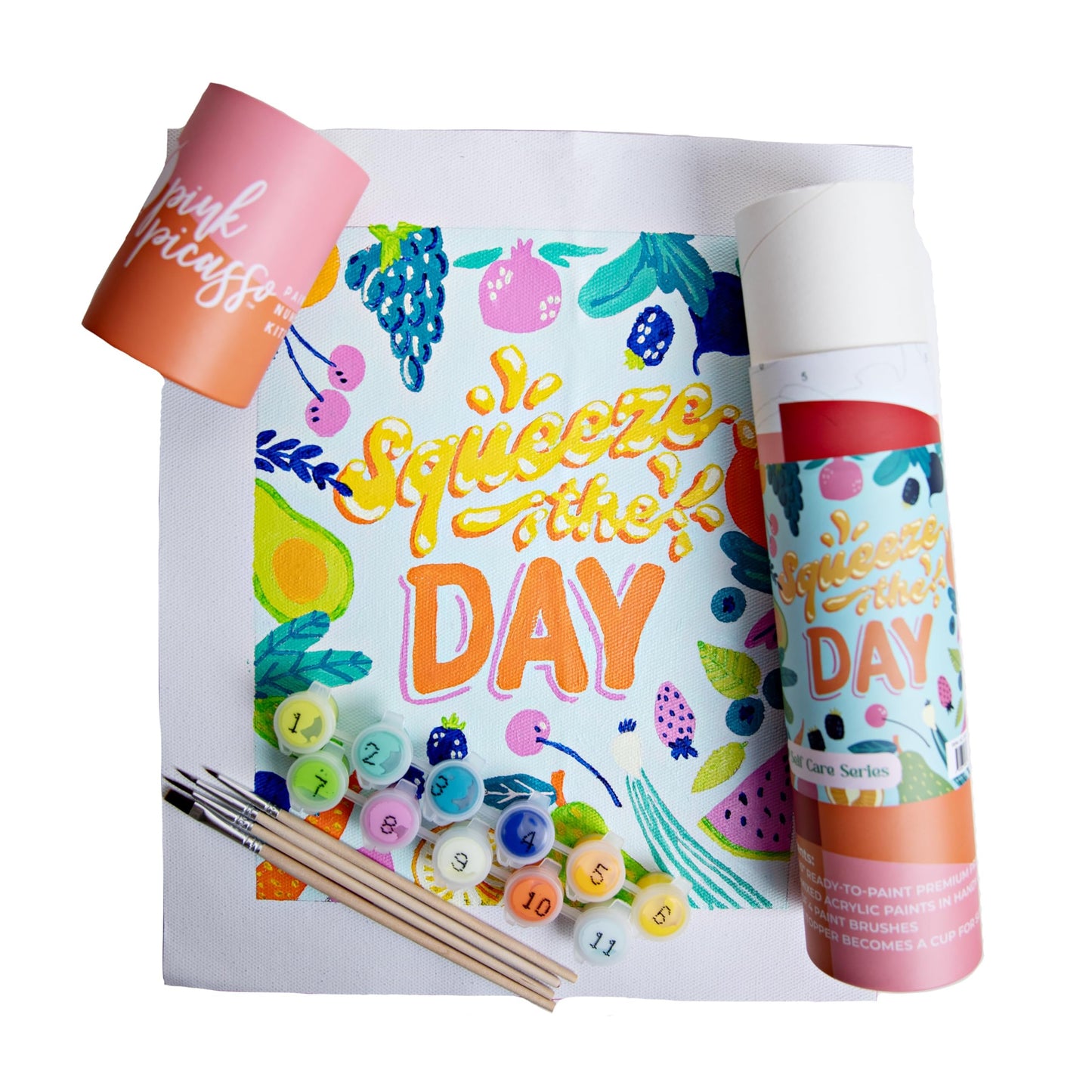 Pink Picasso Kits Self Care Collection Paint by Number for Adults & Beginners | DIY Unique 8x10 Canvas Painting Kits | Color by Numbers Arts Paint Canvas Best for The Young at Heart | Squeeze The Day