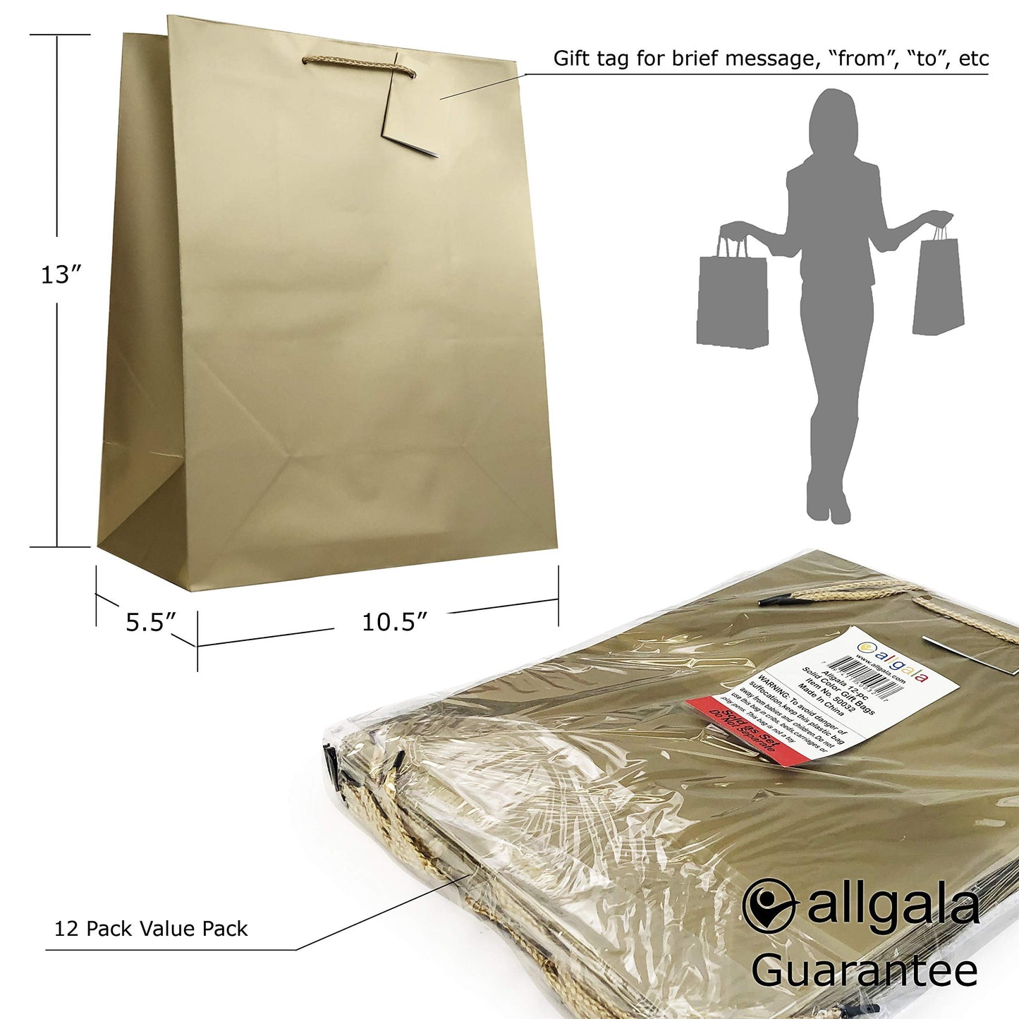 allgala Gift Bags, 12 Pack 13x10x5.5 Inch Large Silver Gift Bags with Handles for Birthday, Wedding, Party Supplies, Baby Shower, Holidays, Chirstmas