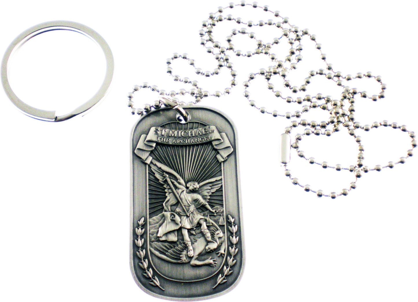 Christian Christ Religion Jesus St Michael Archangel Double Sided Pewter Logo Symbols - All Metal Military Dog Tag Luggage Tag Key Chain Metal Chain Necklace