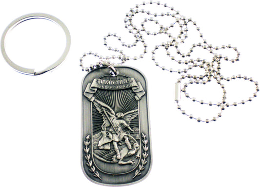 Christian Christ Religion Jesus St Michael Archangel Double Sided Pewter Logo Symbols - All Metal Military Dog Tag Luggage Tag Key Chain Metal Chain Necklace