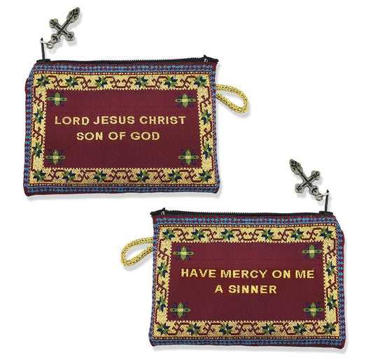Alexandra Int'l Tapestry Cloth Jesus Prayer Pouch for Rosary or Prayer Beads 4 1/4 Inch, 2 Sided Burgundy With Gold