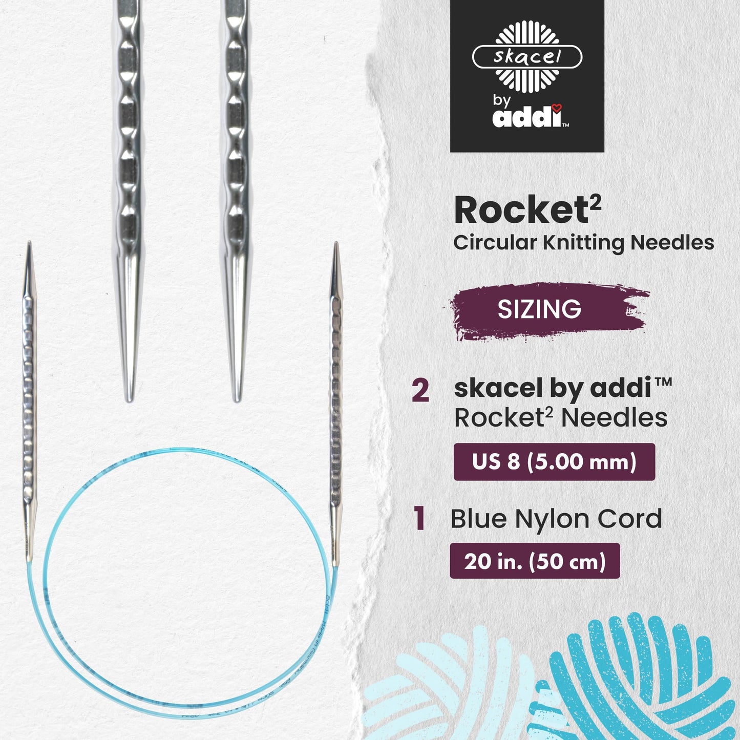 skacel by addi Circular Knitting Needles, 20 Inch (50 cm) Rocket 2 (Squared) Round Brass Knitting Needle Pair with Nylon Cord, 5 mm (US Size 8)