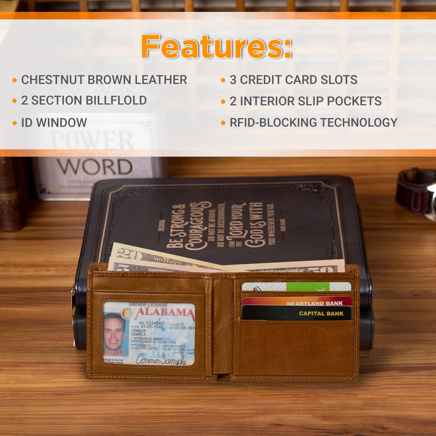 Christian Art Gifts Genuine Premium Full Grain Leather RFID Blocking Silver Engraved Cross Wallet for Men: Multi Pocket Billfold w/Removable ID Window Accessory for Credit Cards, Bills, Photos, Black