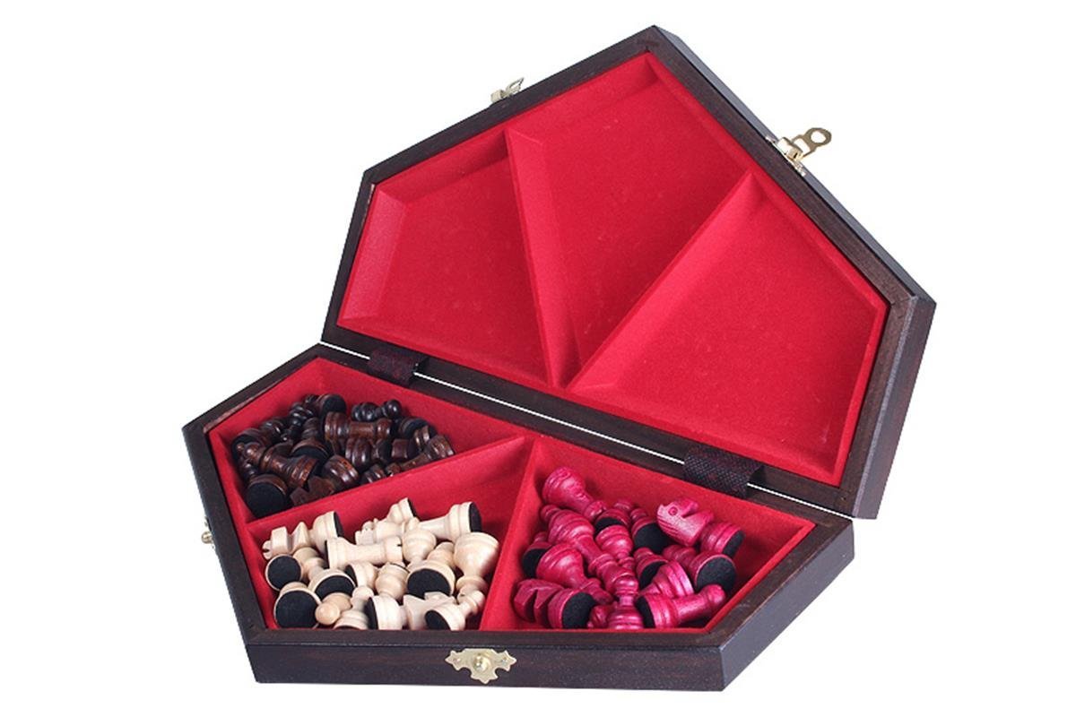 Medium 3 Player Chess Set - 40cm Hexagonal Board with Edge Numbers, Brown, White and red Pieces