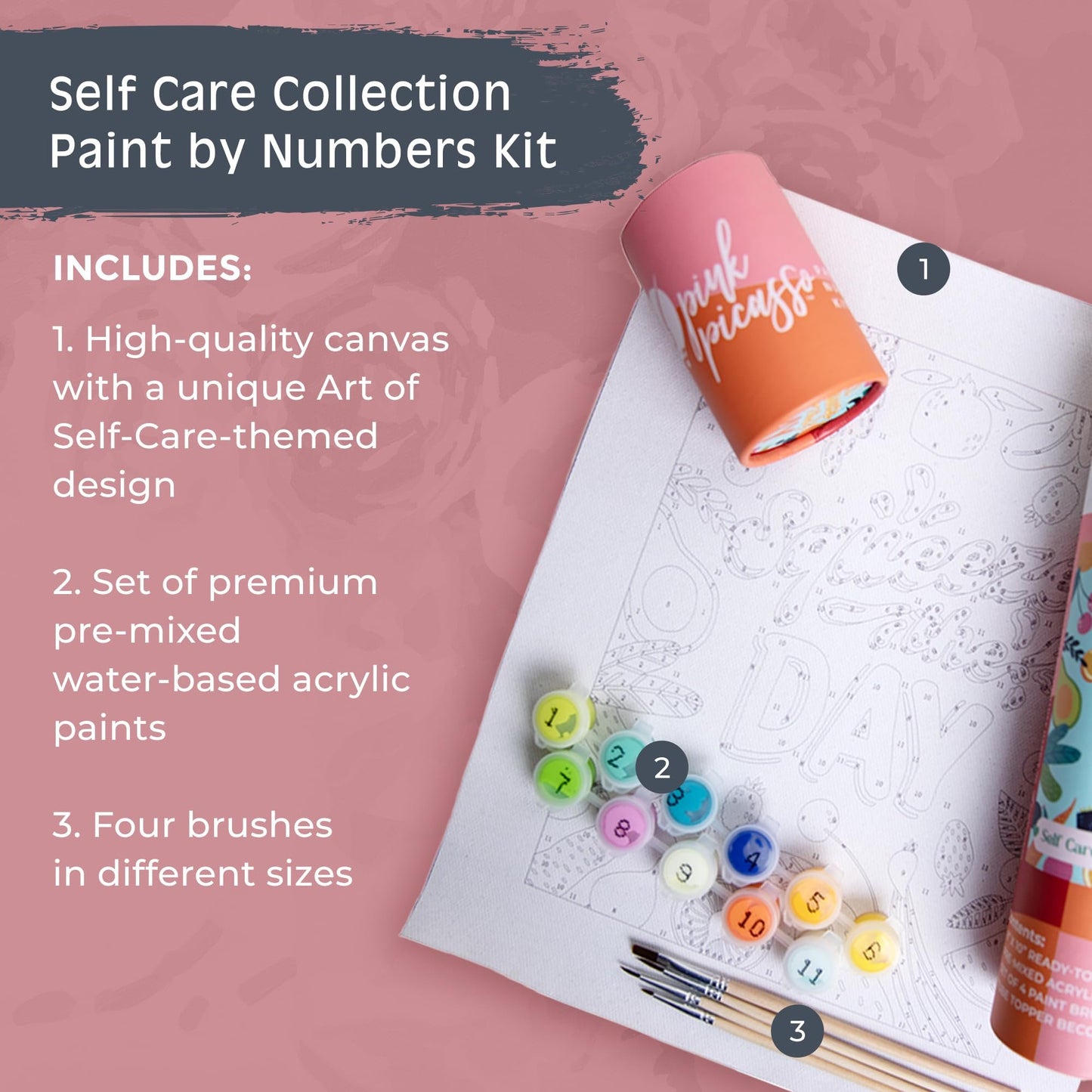 Pink Picasso Kits Self Care Collection Paint by Number for Adults & Beginners | DIY Unique 8x10 Canvas Painting Kits | Color by Numbers Arts Paint Canvas Best for The Young at Heart | Squeeze The Day
