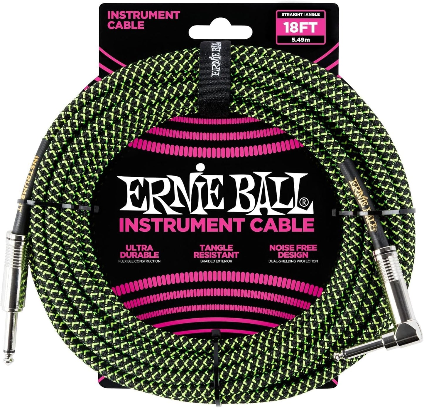 Ernie Ball Braided Instrument Cable Set Straight/Angle Length 18ft in Neon Green/Black (P06082) - Pack of 2