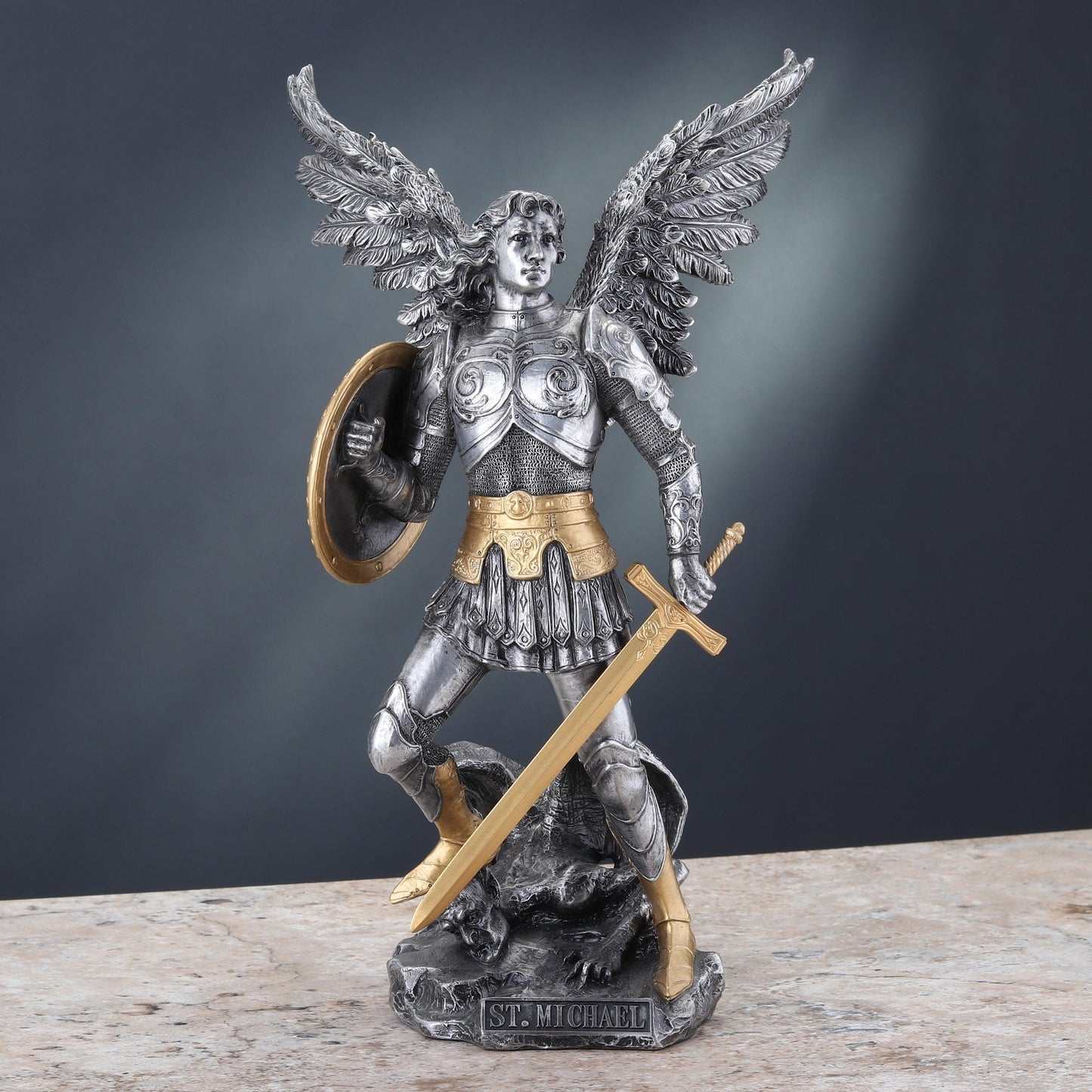 VERONESE 12 3/4 Inch Archangel Saint Michael Cold Cast Resin Statue Pewter Finish Religious Sculpture