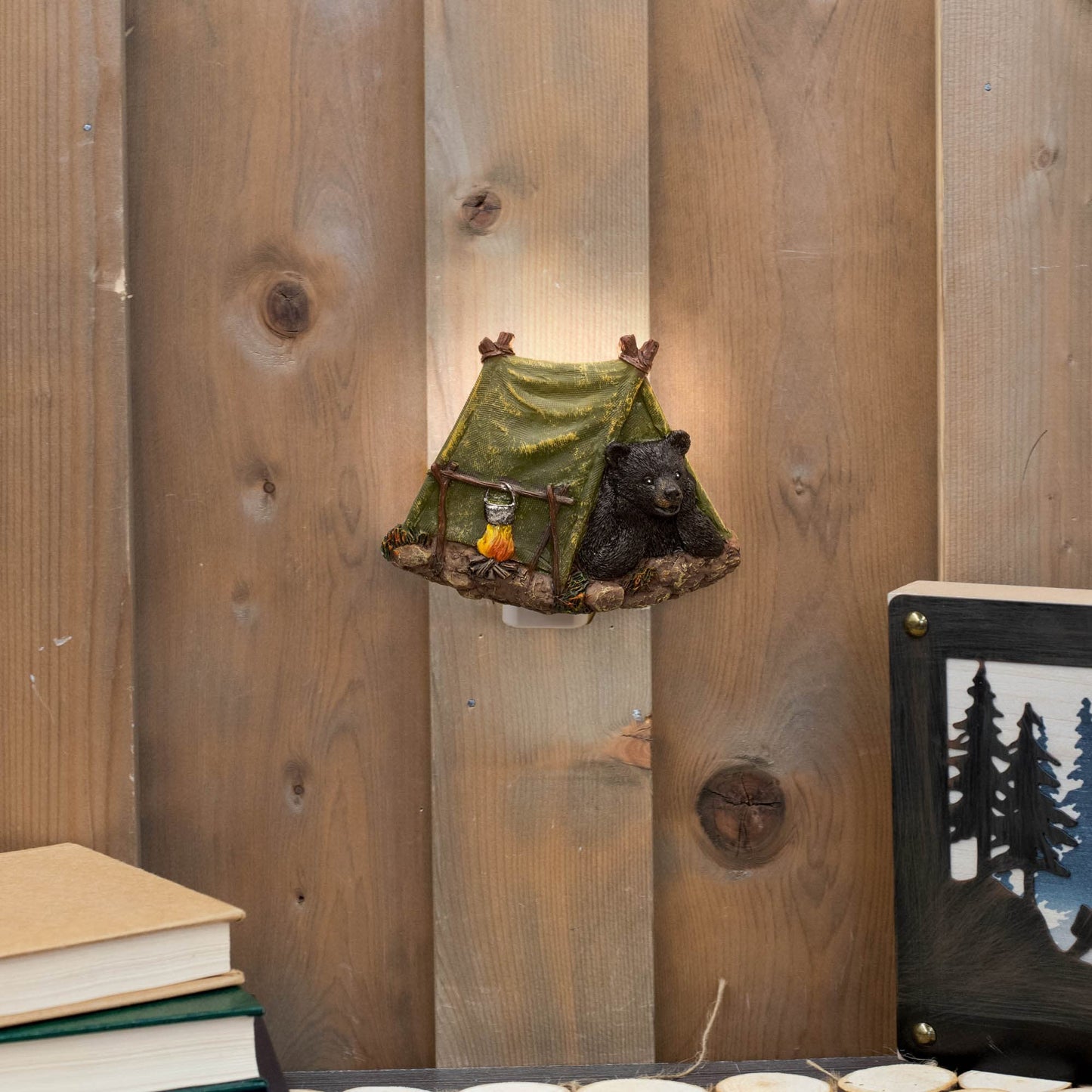 Slifka s Co. Black Bear Green Tent 4 x 4.25 Resin Plug in Night Light, (X2665)