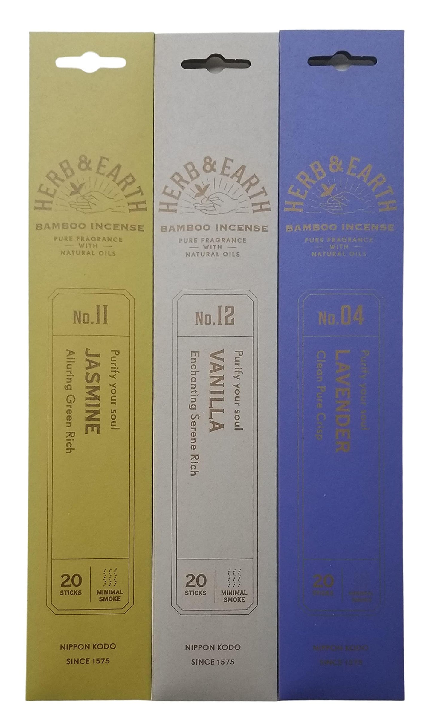 Nippon Kodo Herb & Earth Bamboo Incense Combo Set (Jasmine, Lavender, Vanilla) 20 Incense Sticks Each Scent