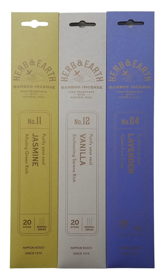 Nippon Kodo Herb & Earth Bamboo Incense Combo Set (Jasmine, Lavender, Vanilla) 20 Incense Sticks Each Scent
