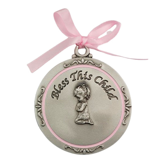 Bless this child crib medal Girl Crib Medal pink ribbon Round 2 3/4 great gift baby shower by "McVan, Inc."