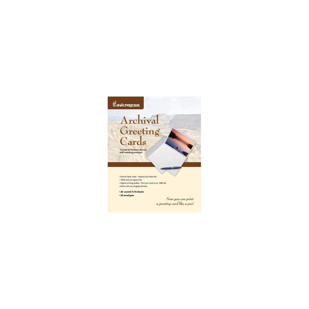 Inkpress Archival Greeting Cards for Inkjet 7x10" Scored Archival Greeting Card Paper, (Produces 5x7" Card), 20 Sheets with Matching Envelopes