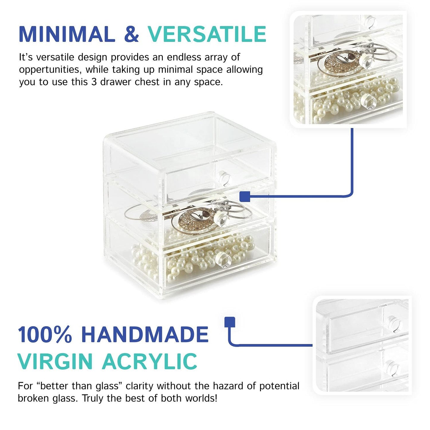 Huang Acrylic Clear Acrylic 3-Drawer Chest for Jewelry and Accessories