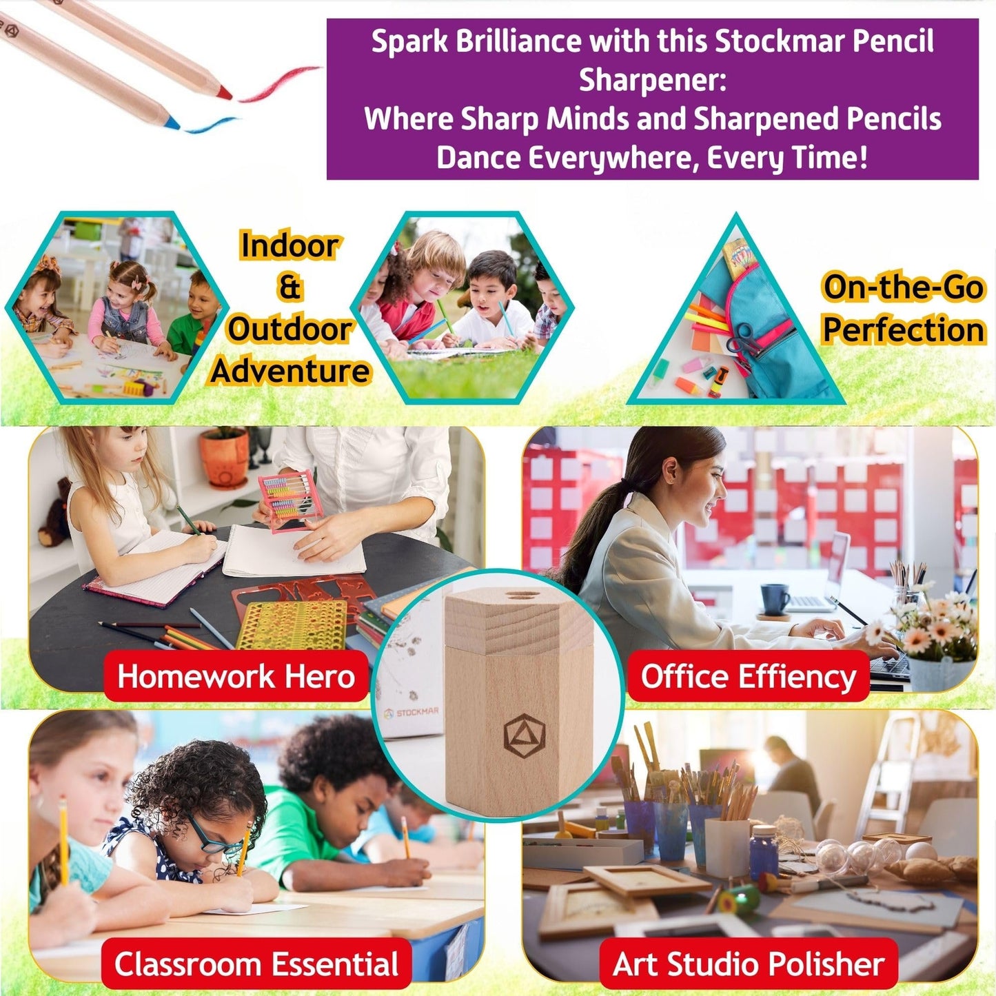 Stockmar Dual Pencil Sharpener FSC Lime Wood for Thin and Thick Pencils - Triangular and Hexagonal Shape - Colour Giants Stockmar, Waldorf Art Supplies, Made in Germany