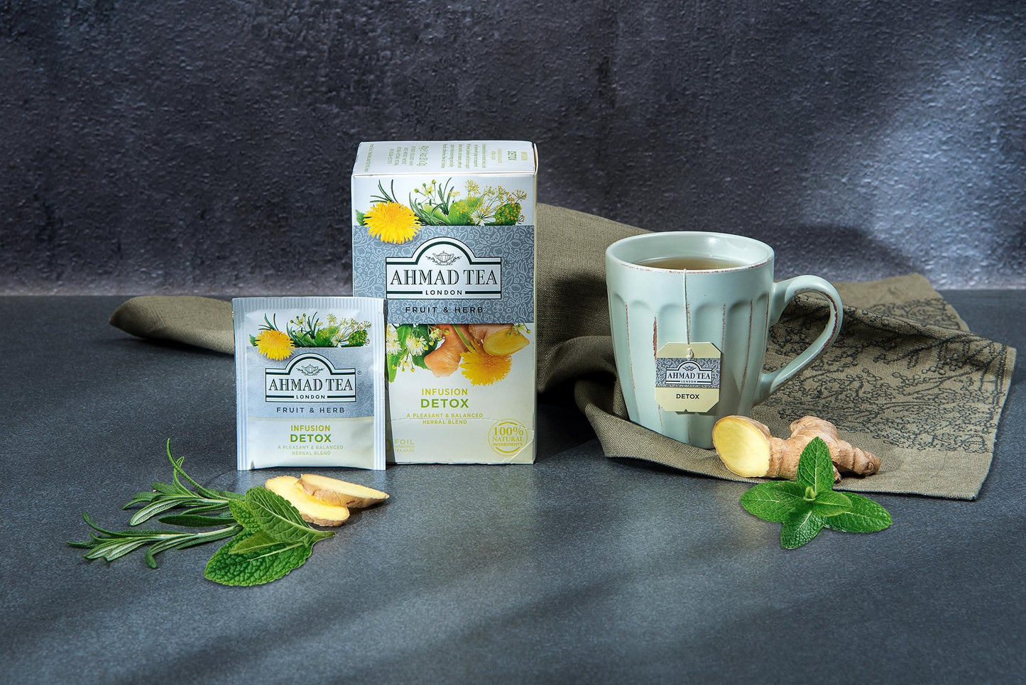 Ahmad Tea Herbal Tea, Ginger, Peppermint, Fennel, Dandelion, & Birch 'Detox' Teabags, 20 ct (Pack of 1) - Decaffeinated & Sugar-Free