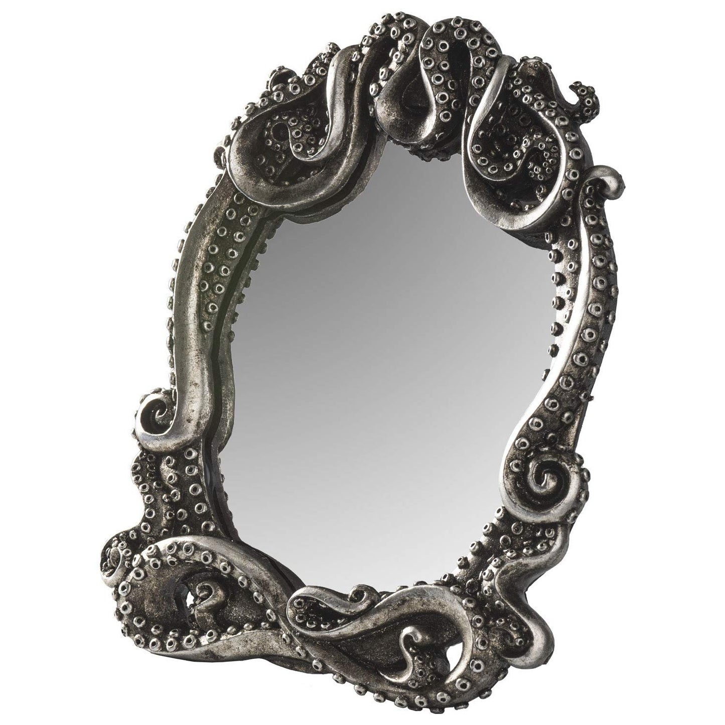 Pacific Trading Gothic Mirror Home Accent Décor, Kraken Antique Inspired Silver Tone Hand Finished Framed Steampunk Tabletop Decoration, 7.28 inch L x 1 inch W x 9.25 inch H, 14051