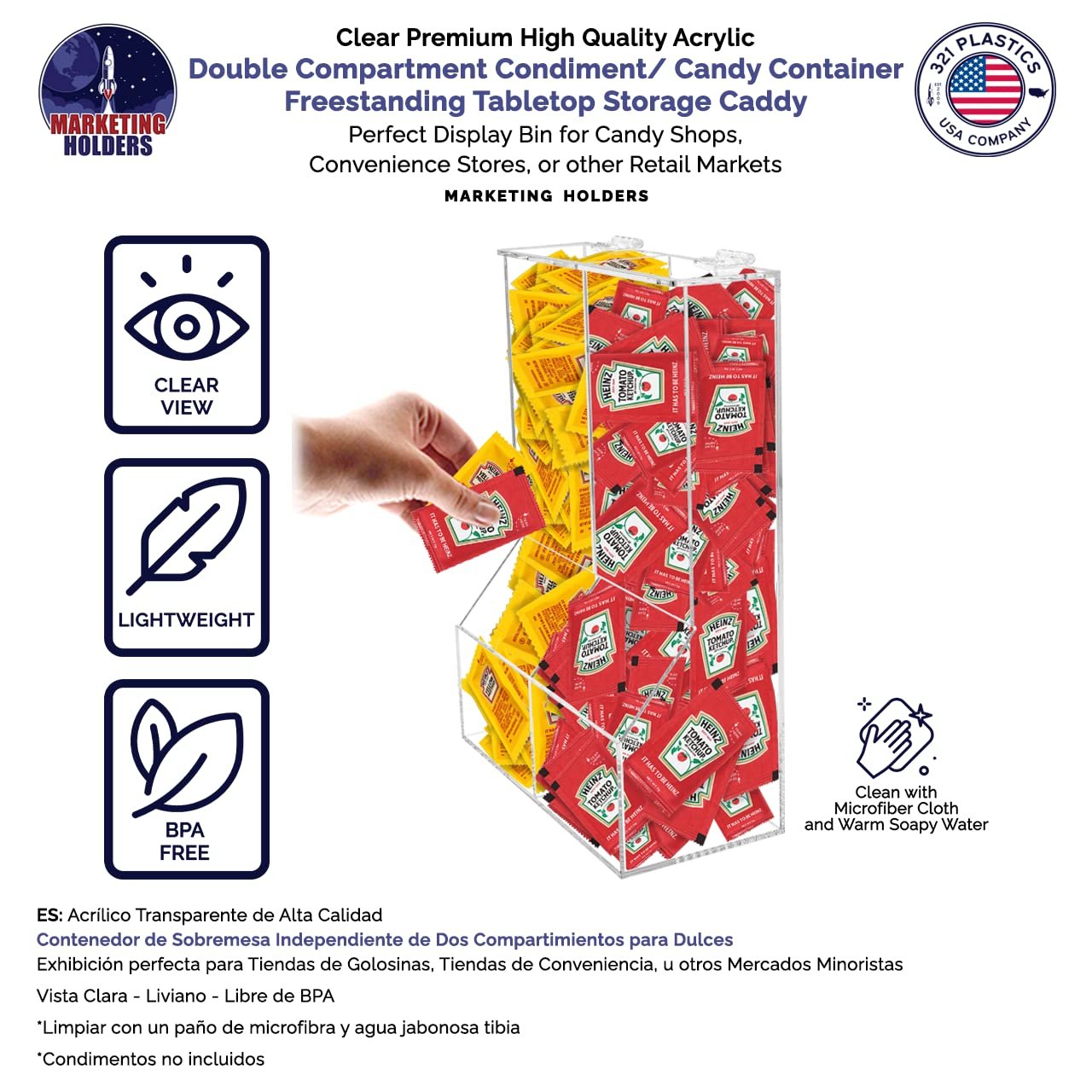 Marketing Holders Condiment Bin Double Compartment Sugar Packets and Wrapped Candy Caddy Clear Acrylic 8.5" x 12.25" Freestanding Container with Lid Retail Stores and Convenience Stores