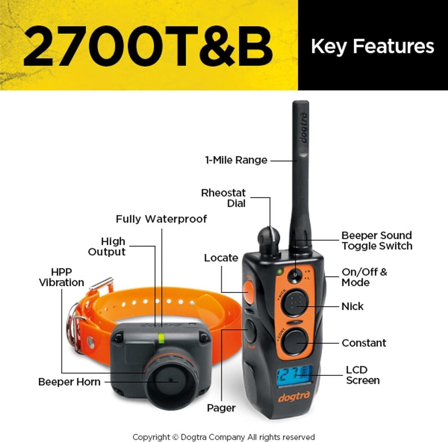 Dogtra 2700T&B Series Long Range 1-Mile Training & Beeper Remote Dog Training E-Collar for Upland Gun Dogs