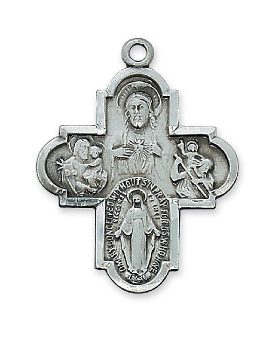 Religious & Catholic Necklace, Men or Womens, Antique Design, Deluxe Satin Silver Finished Pewter Pendant, 4-way Medal with 24" Chain. The Four Way Medal Most Simply Put, the 4 Way Medal Is a Medal