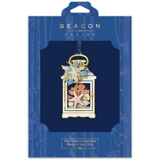 Beacon Design Coastal Lantern Ornament Plated in 24kt Gold and Decorated with Starfish Shell, Tree Decoration for Coastal Beach Summer Lover