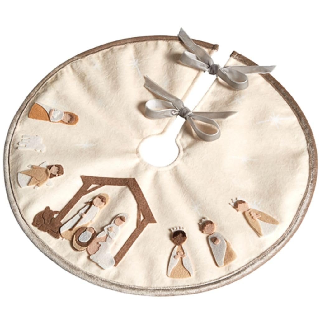 RAZ Imports 18" Cream Nativity Tree Skirt with Felt Appliques and Ribbon Ties