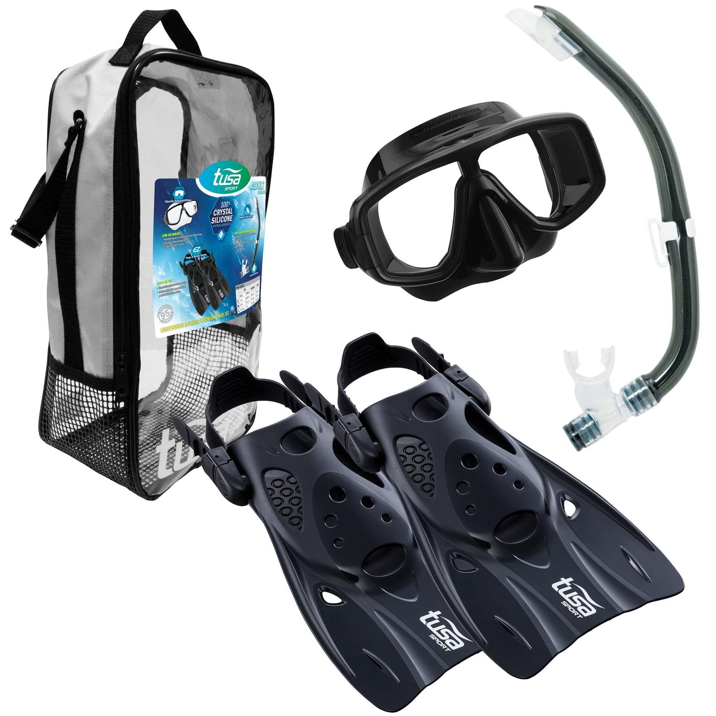 TUSA Sport Adult Platina Hyperdry Mask, Snorkel, & Fins Travel Set