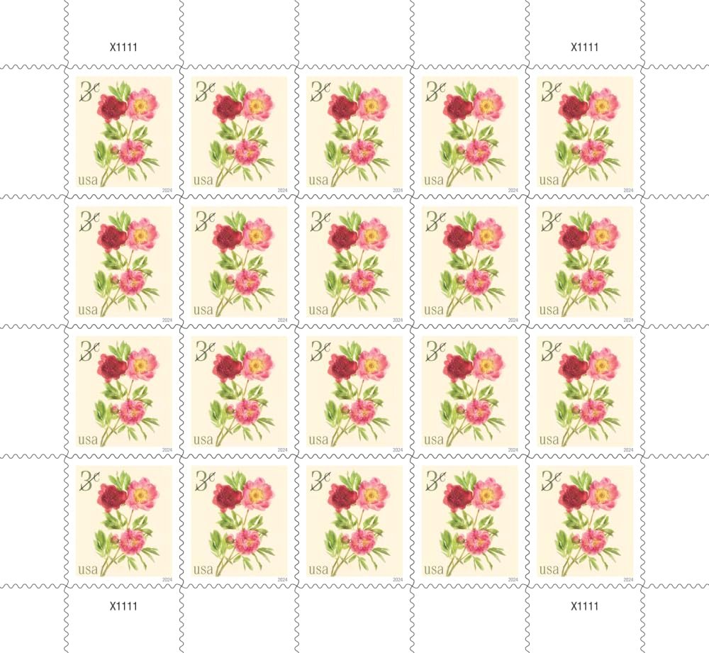 Peonies 2024 3-Cent (Sheet of 20) Denominated Mail-use Additional Postage Stamps